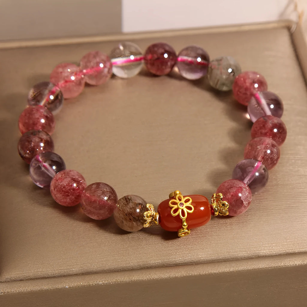 Natural Super Seven crystal bracelet for women, red agate colour, fresh sweet cartoon style