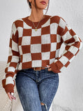 Dark brown plaid acrylic pullover sweater with round neck and long sleeves in loose casual style