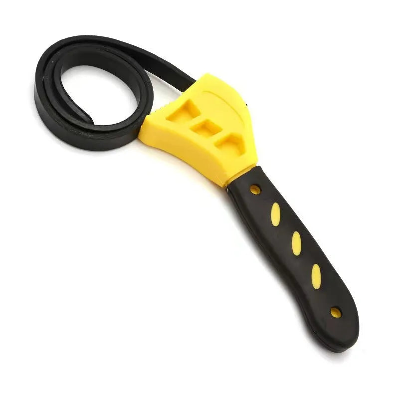 Adjustable rubber strap wrench with plastic handle, shown with 6-inch and 8-inch sizes for pipes and filters.