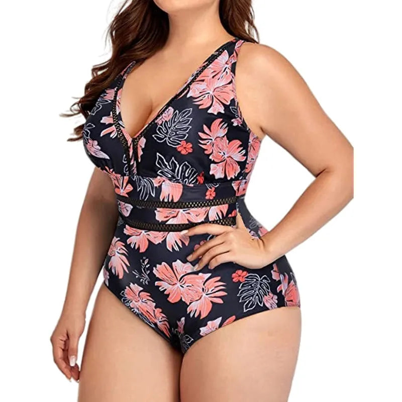 Black printed plus size bikini swimsuit made from polyester mesh fabric
