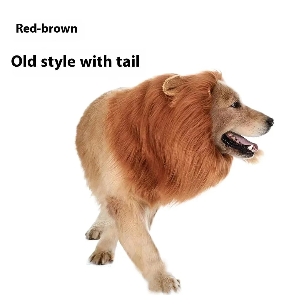 Dog wearing lion head cover in light brown with elastic band adjustment, three sizes S M L
