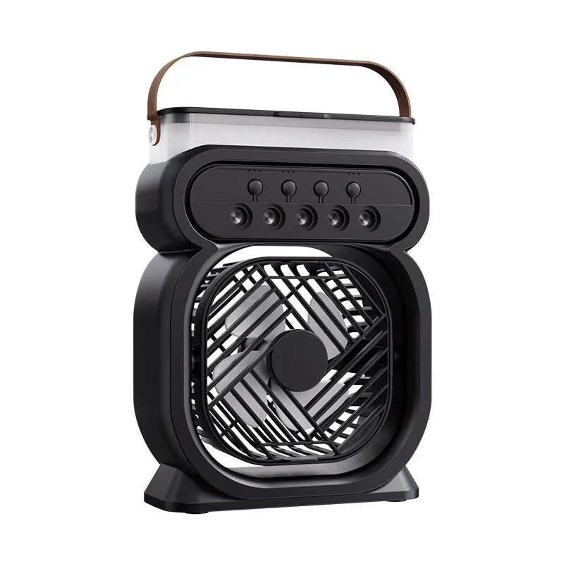3 in 1 portable evaporative air cooler with LED night lights and USB cable on desk
