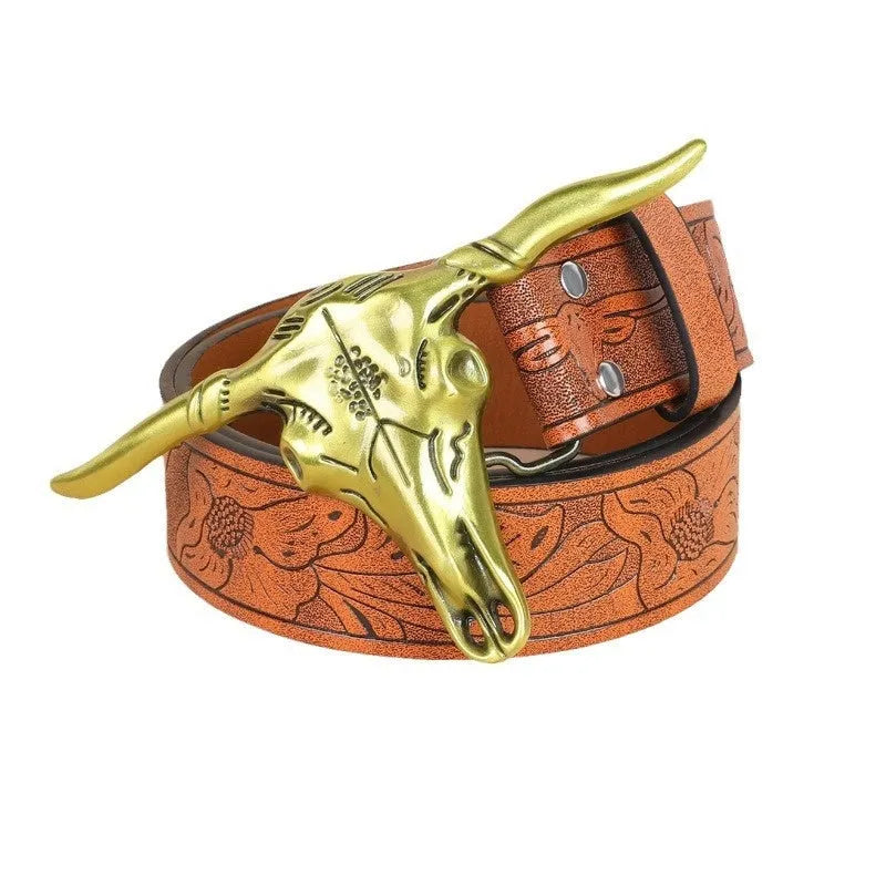 Men's brown leather belt with detailed cow head alloy buckle and pin fastening mechanism