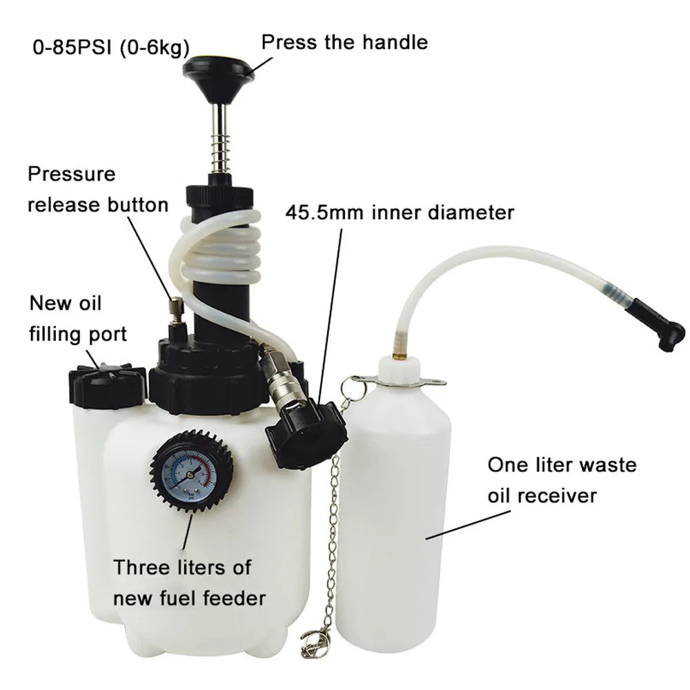 White 3-litre automotive brake fluid reservoir tool with copper and iron components