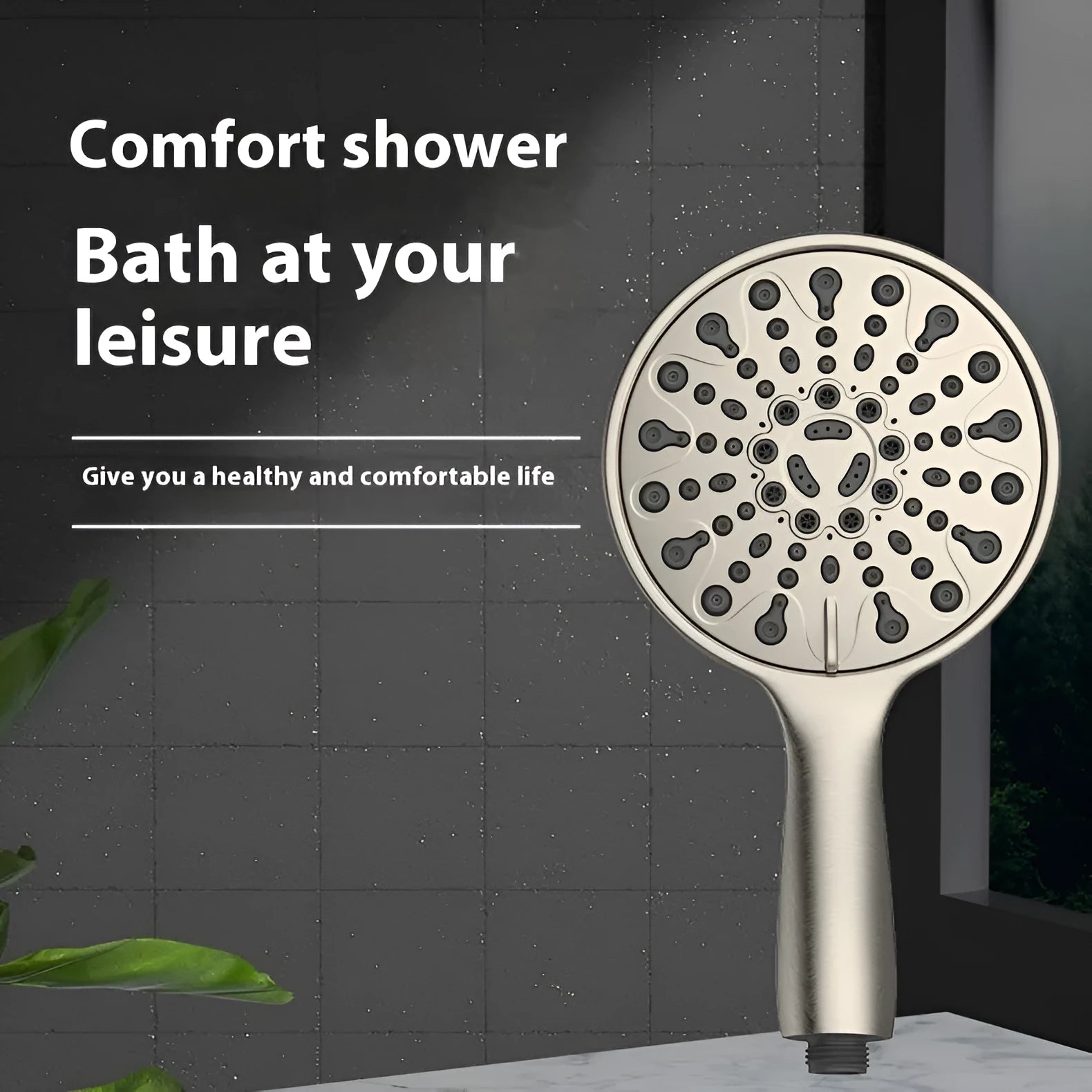 Chrome-finished six-function handheld shower head with ABS plastic housing