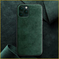Suede full-cover phone case for iPhone on a dark background, shown in elegant black, dark night green, and dark blue colours.