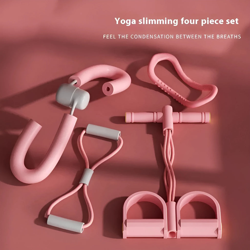 Yoga four piece set showing leg stretching device, yoga ring, pedal chest expander and figure eight tension rope