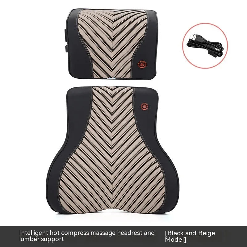 Car electric massage heating headrest lumbar support pillow with memory foam in black and orange