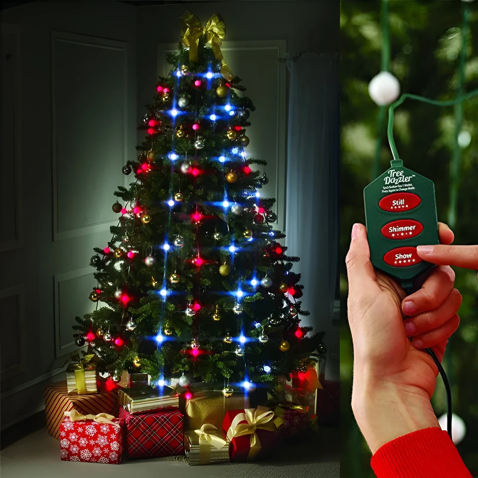 64 LED Dazzler shower tree lights on a Christmas tree, 1.8 metre length, with colourful illumination