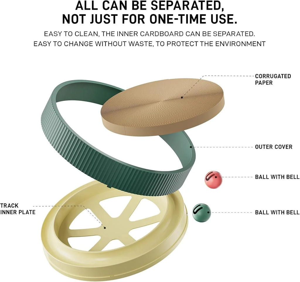 Large circular cat scratching board with ball toys showing green colour and refillable core design