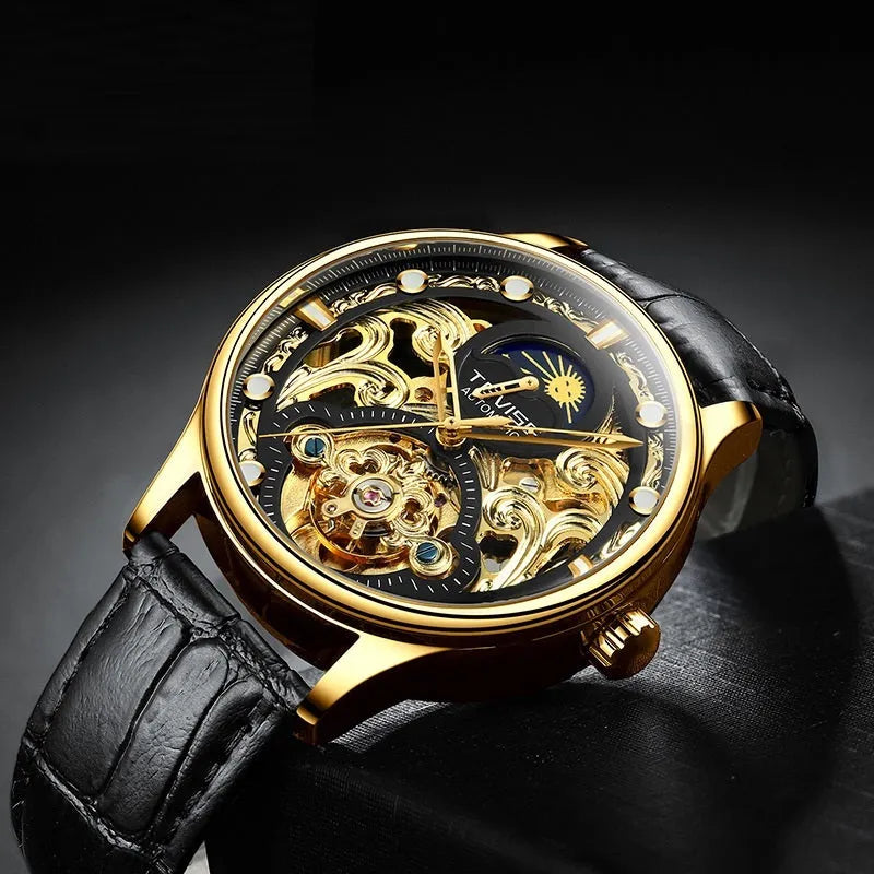Men's gold and white leather strap automatic mechanical waterproof business watch 16mm thickness