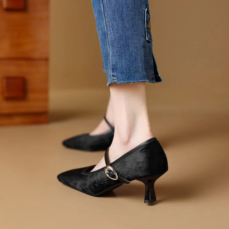 Women's square toe stiletto ankle-strap shoes in black or brown with horse hair upper and pigskin lining