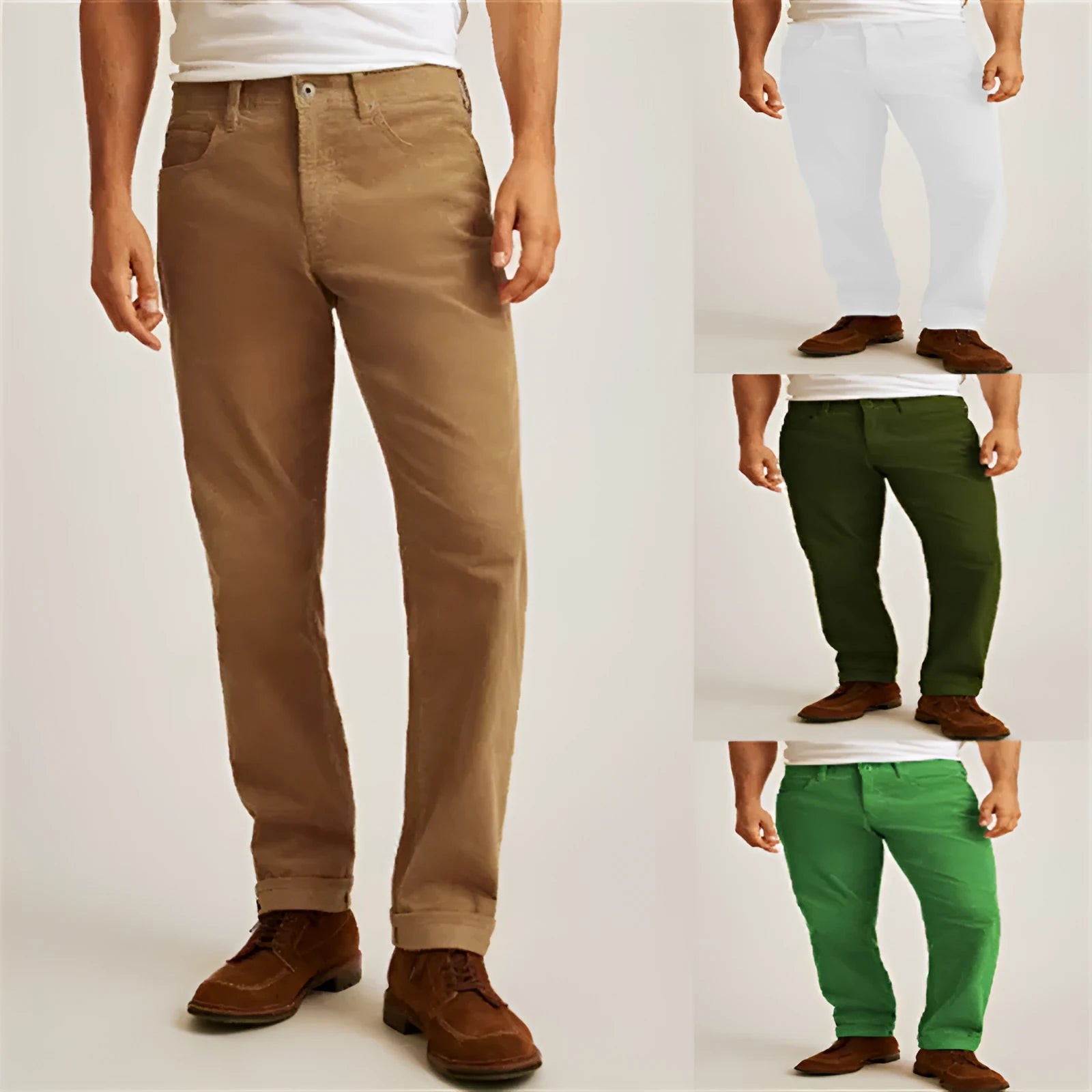 Corduroy straight-leg casual trousers in khaki colour showing mid-waist and zip-fly design.