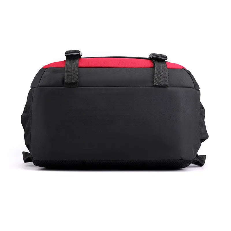 Waterproof nylon school backpack with airpillow straps, available in black, red, blue, and gray