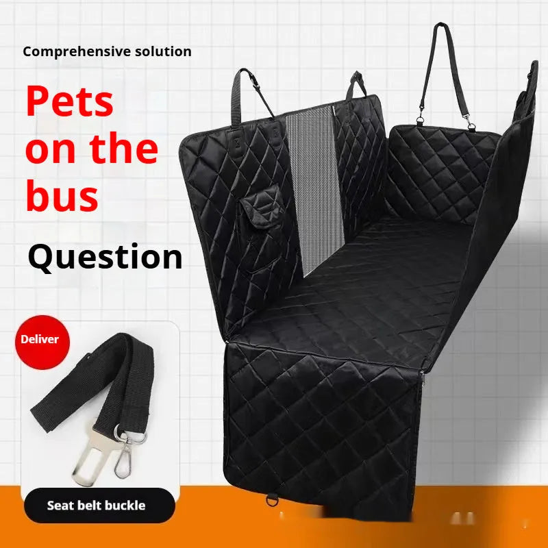 Pet car cushion in black cloth with medium mesh on a car seat for dogs