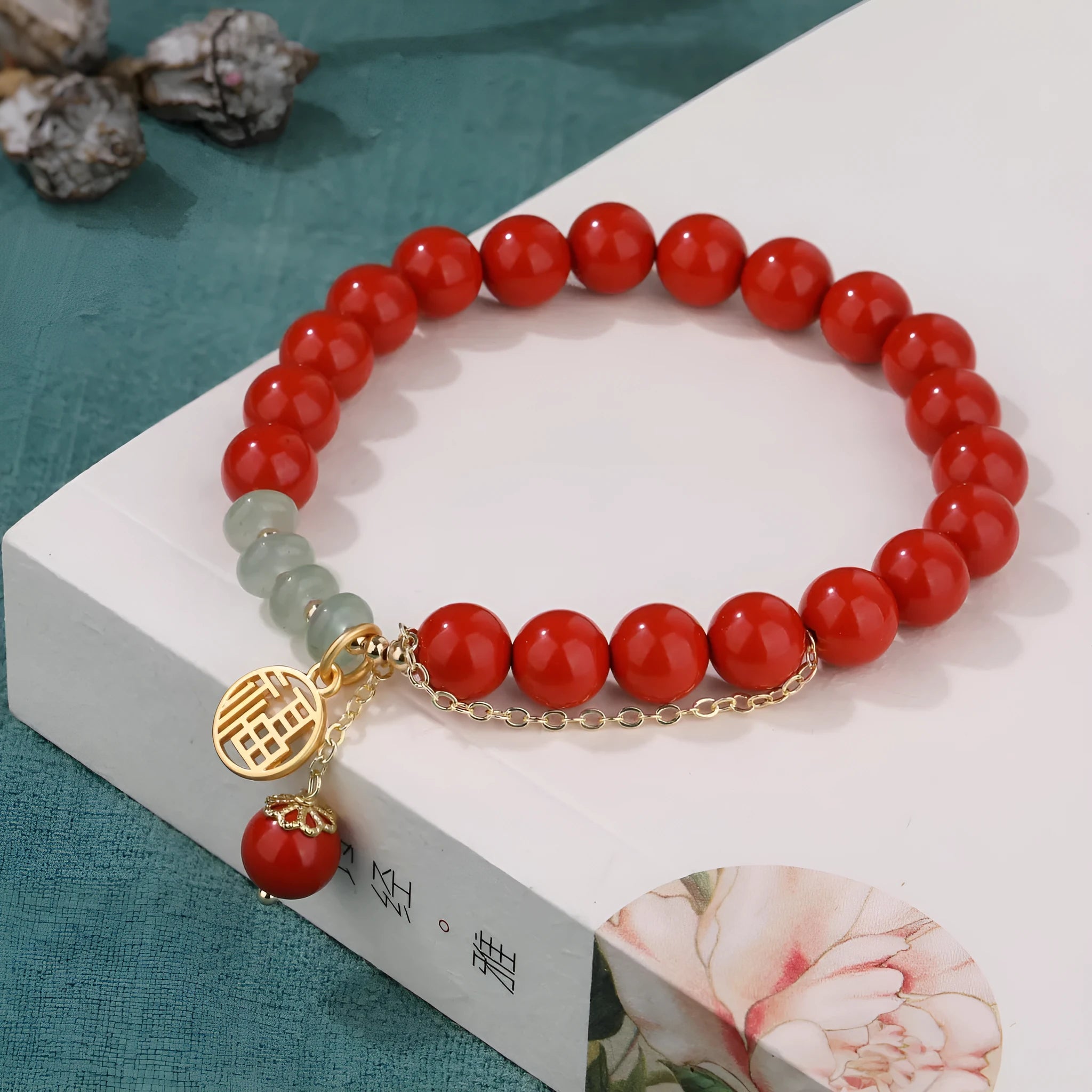 Retro women's cinnabar fu character bracelet with jade spacers and tassel, 8mm beads