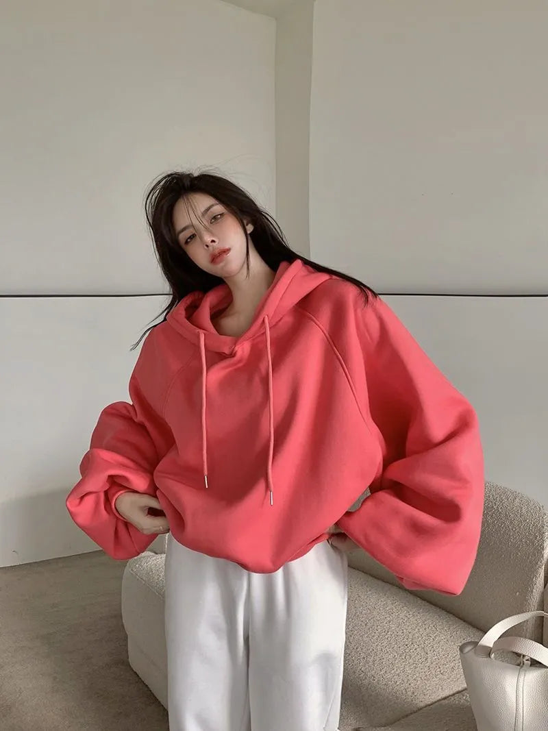 Women's watermelon red mulberry silk hooded pullover sweater with loose fit