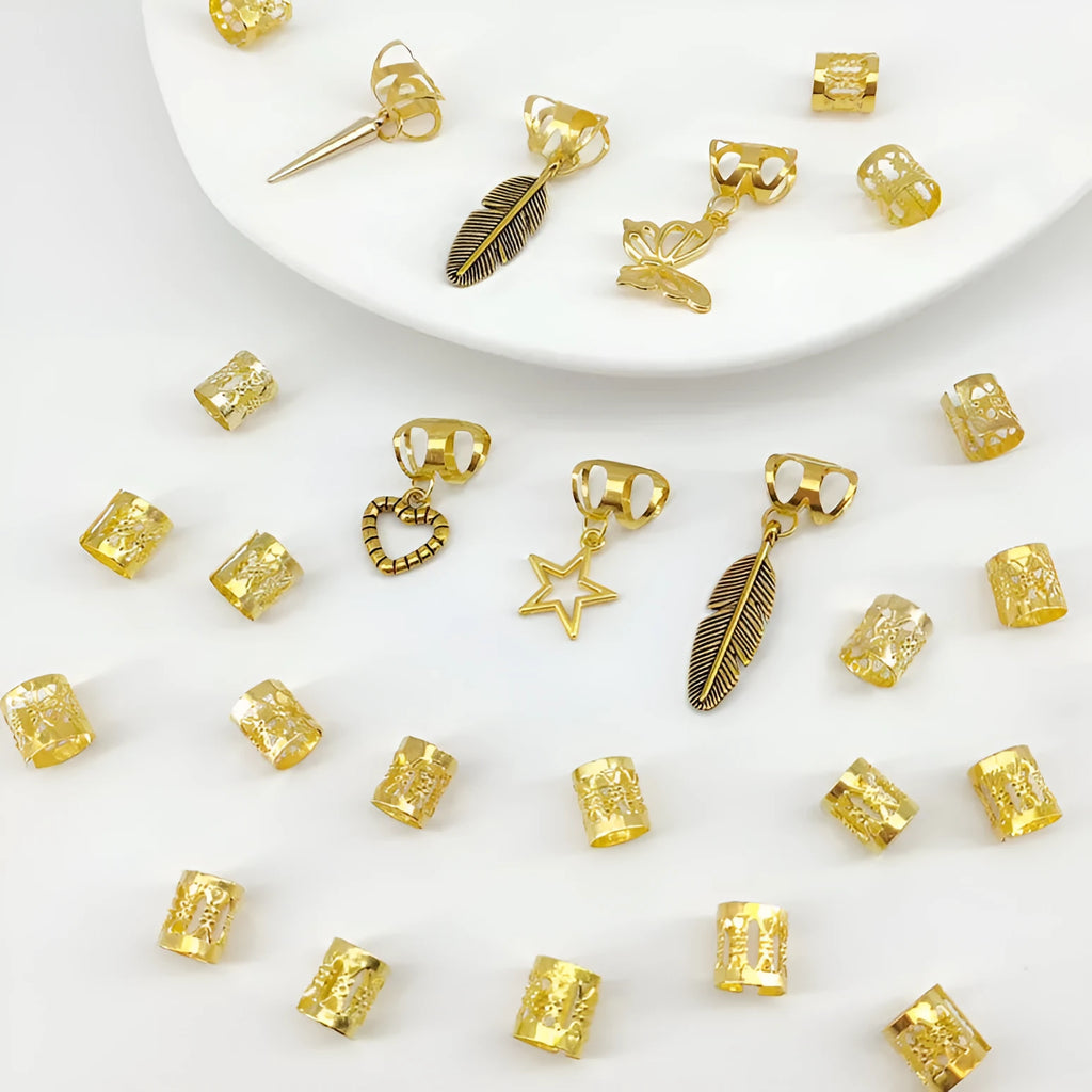 Gold antique-style leaves alloy dirty braid hair rings pack of 26 for hip hop hairstyles