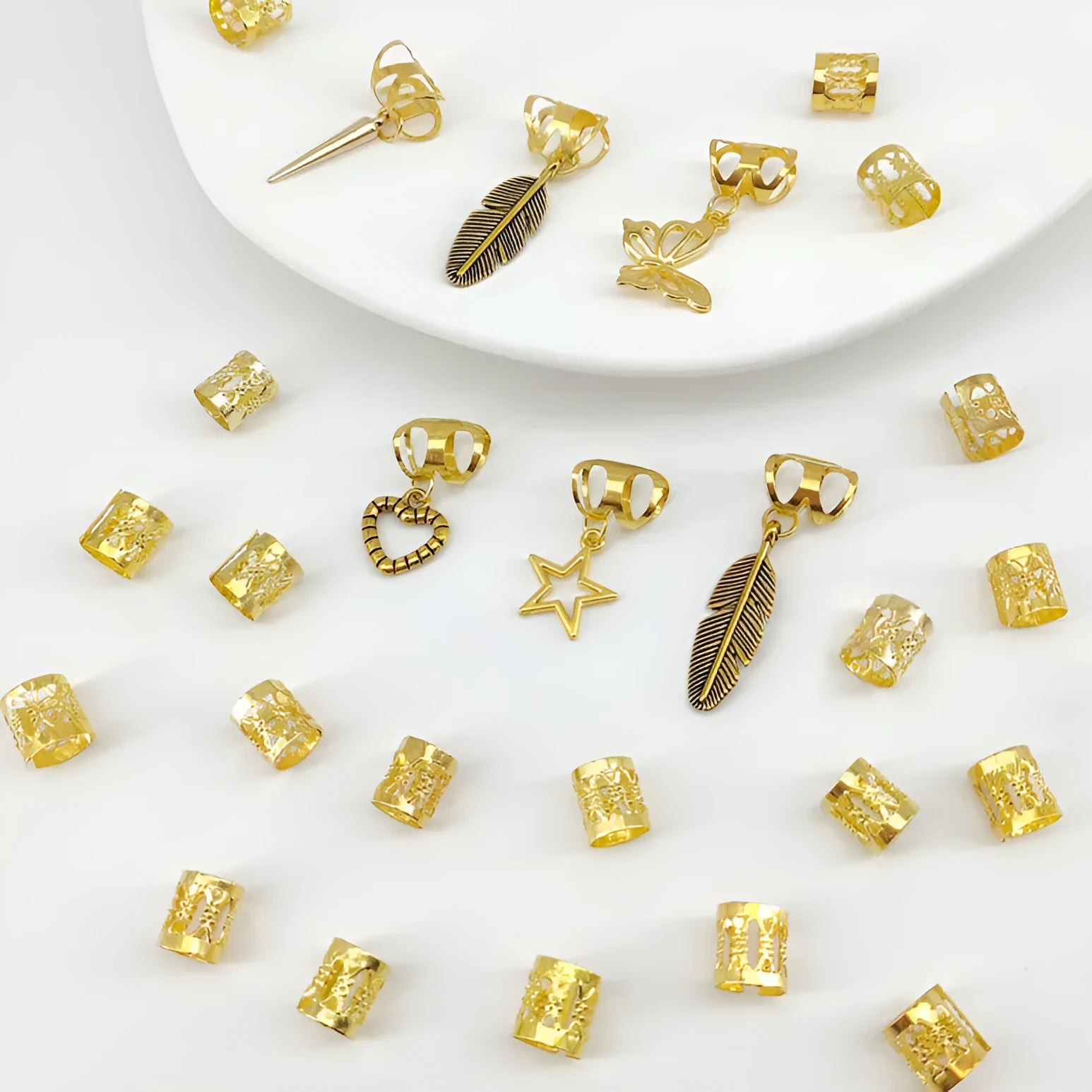 Gold antique-style leaves alloy dirty braid hair rings pack of 26 for hip hop hairstyles