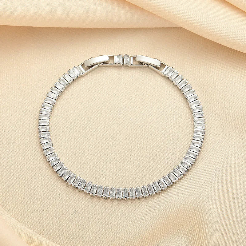Women's brass rectangular bracelet with full diamond inlaid zircon in Champagne Gold and Silver colour options