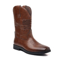 Men's retro embroidered cowboy boots with wide square toe, horseshoe heel, in brown printed leather