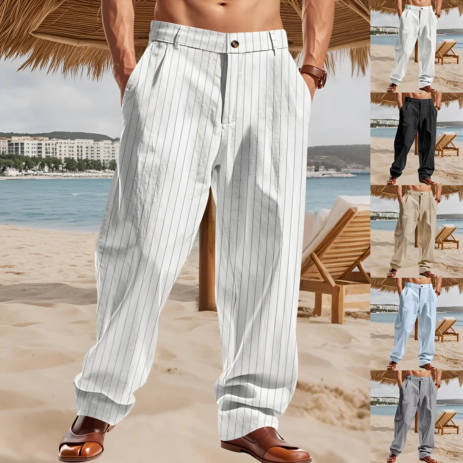 Men's linen striped high waist wide leg trousers in light khaki, front view