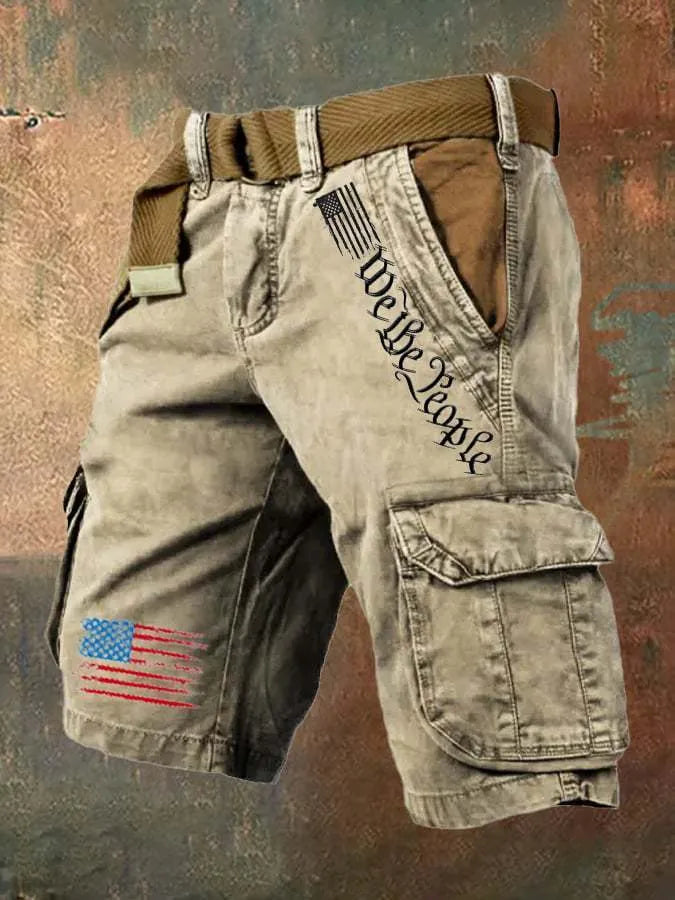 Men's workwear casual multi-pocket fifth pants in khaki denim with loose fit and mid waist
