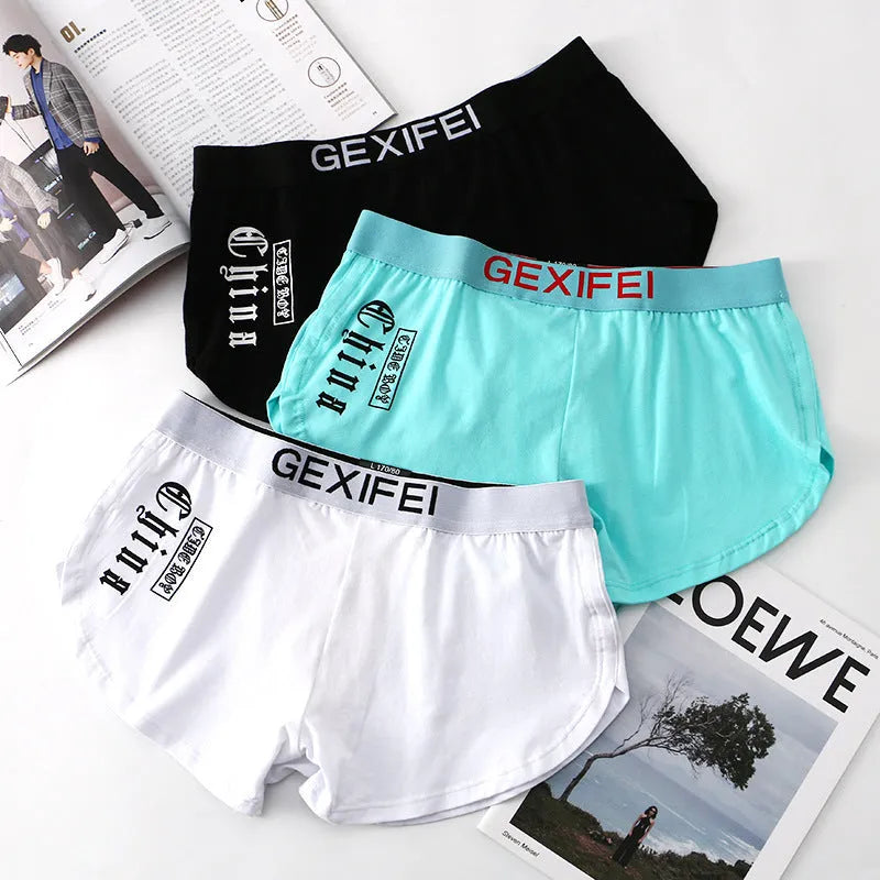 Men's loose breathable cotton boxers in grey with letters pattern, mid waist, plus size available