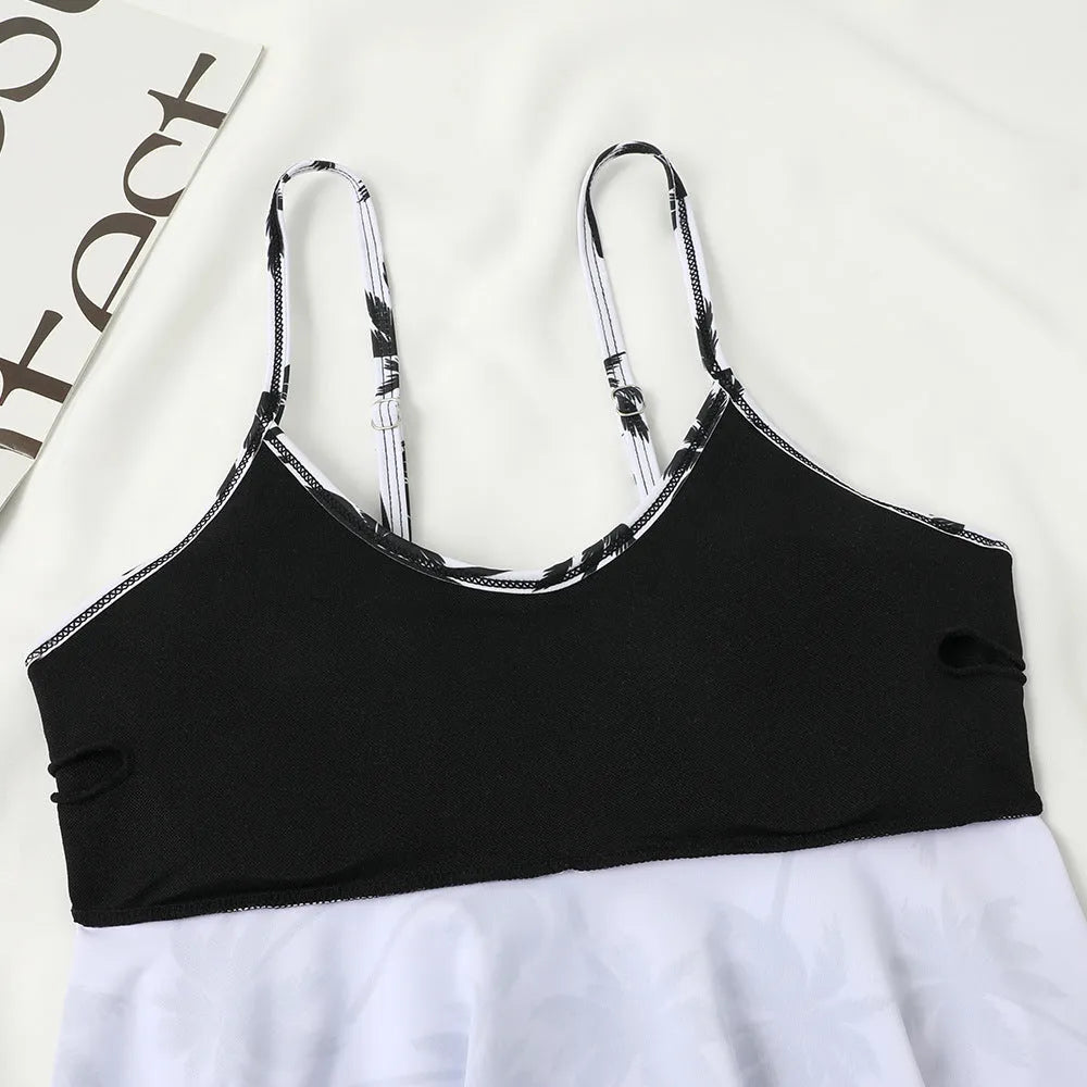 High-waist double-layer swimsuit with floral coconut tree patterns in black colour options