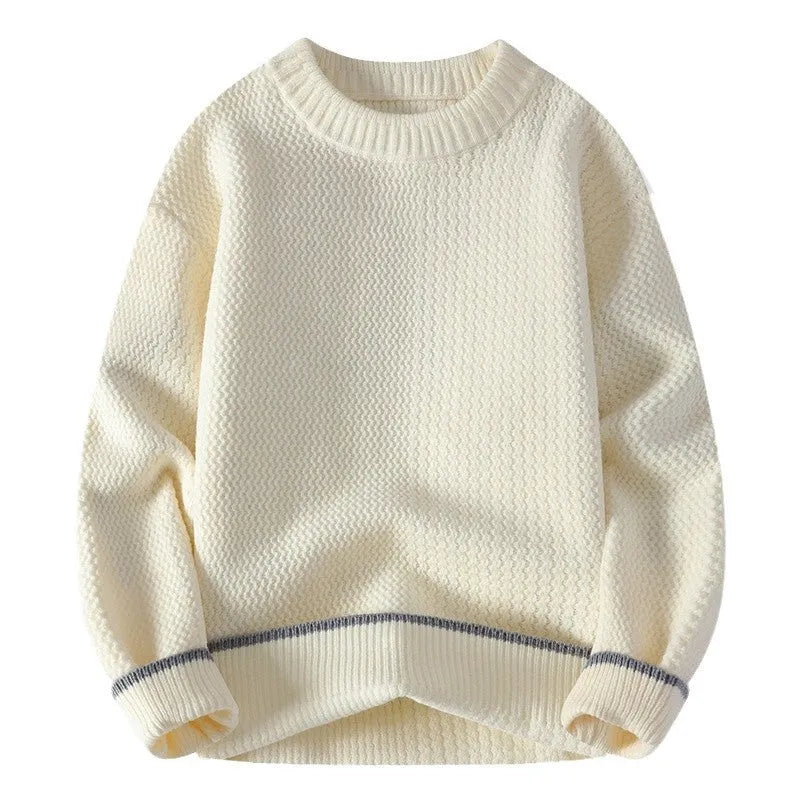 Men's round neck polyester blend knitwear sweater in loose fit showing black grey white khaki colour options
