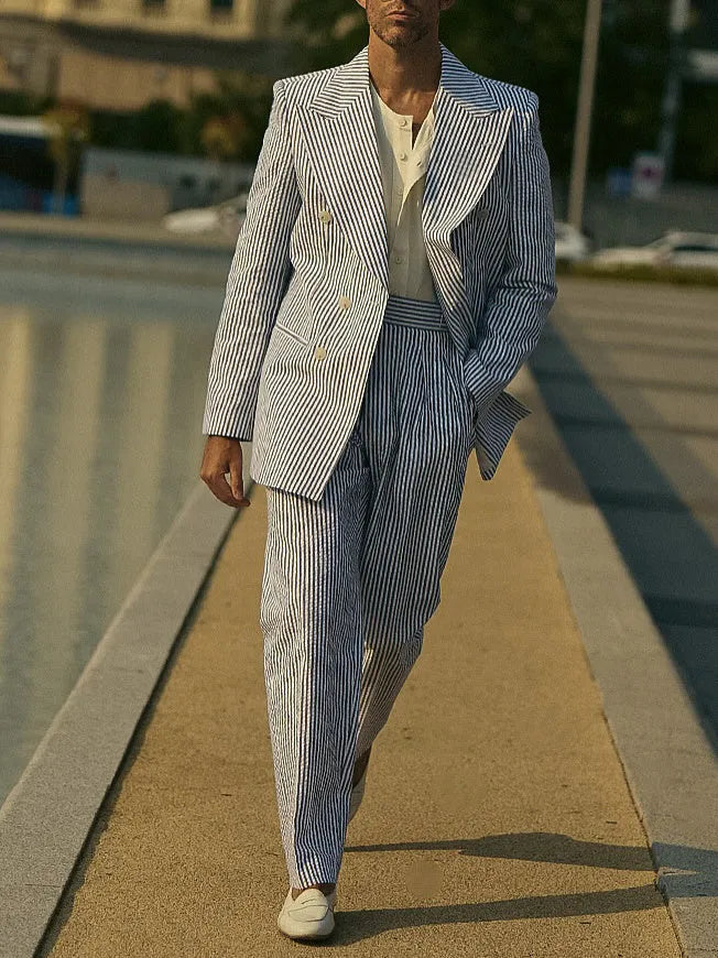 Blue and white striped polyester suit set with blazer and trousers regular fit