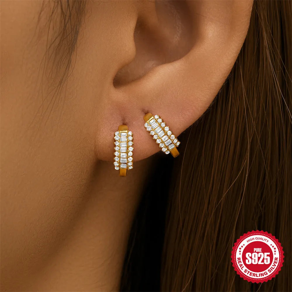 Sterling silver geometric stud earrings with small round circle design in gold or silver tone