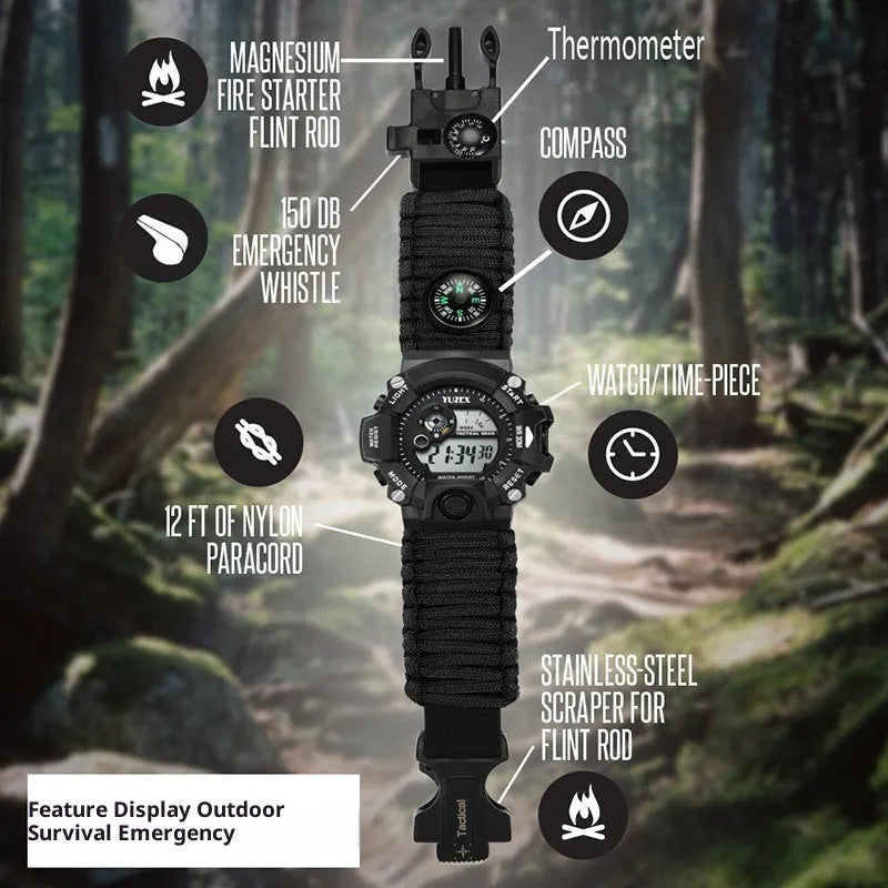 Multifunctional outdoor survival bracelet watch with black parachute cord strap compass whistle and firestone
