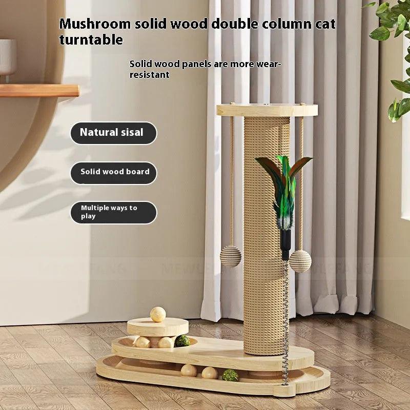 Solid wood cat scratching post with a turntable, shown in a basic style big flower variant.