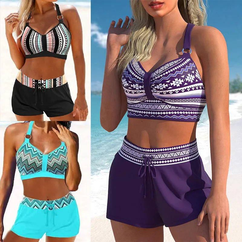 Women's two-piece hot spring swimsuit bikini in polyester, sizes S-XL, available in navy blue and print colours