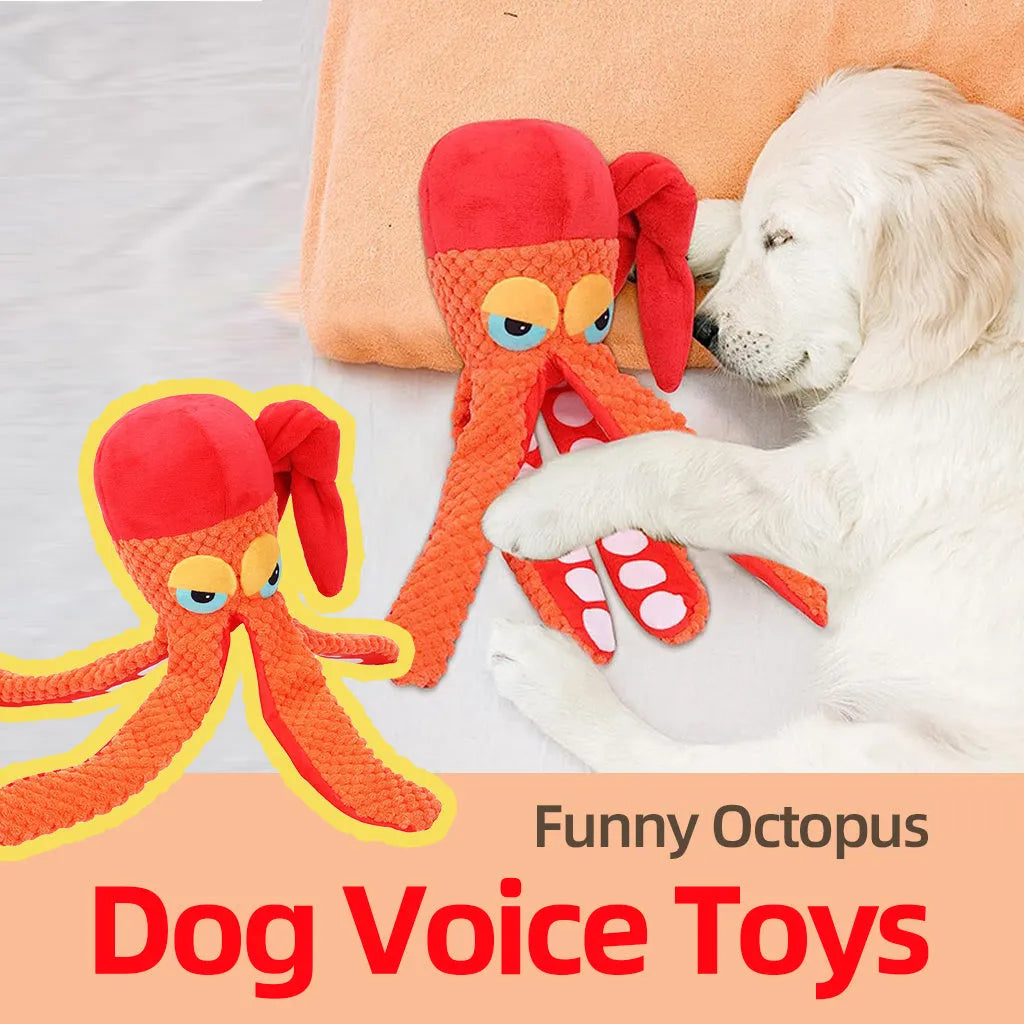 Orange octopus plush dog toy with squeaker for teeth cleaning, 20 cm length