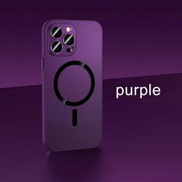 Aluminium alloy frame protective iPhone case with magnetic snap closure in dark purple colour with nickel detailing
