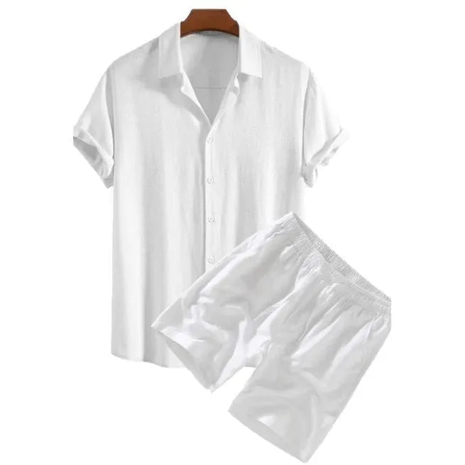 Men's solid color casual short-sleeved shirt and shorts suit in polyester fibre, available in black, coffee, green, navy blue, white, wine red.