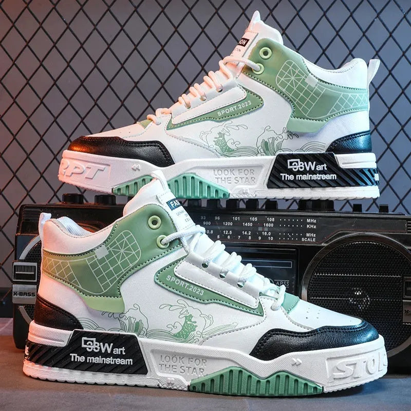Men's beige high-top board shoes with lace-up front and flat rubber sole on a white background.
