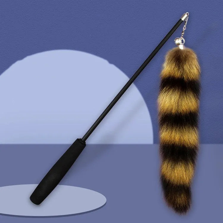 Black cat toy wand with feather teaser on 42cm elastic string for interactive play