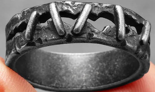Men's stainless steel double ring with dark punk stitching design showing size options 7-15