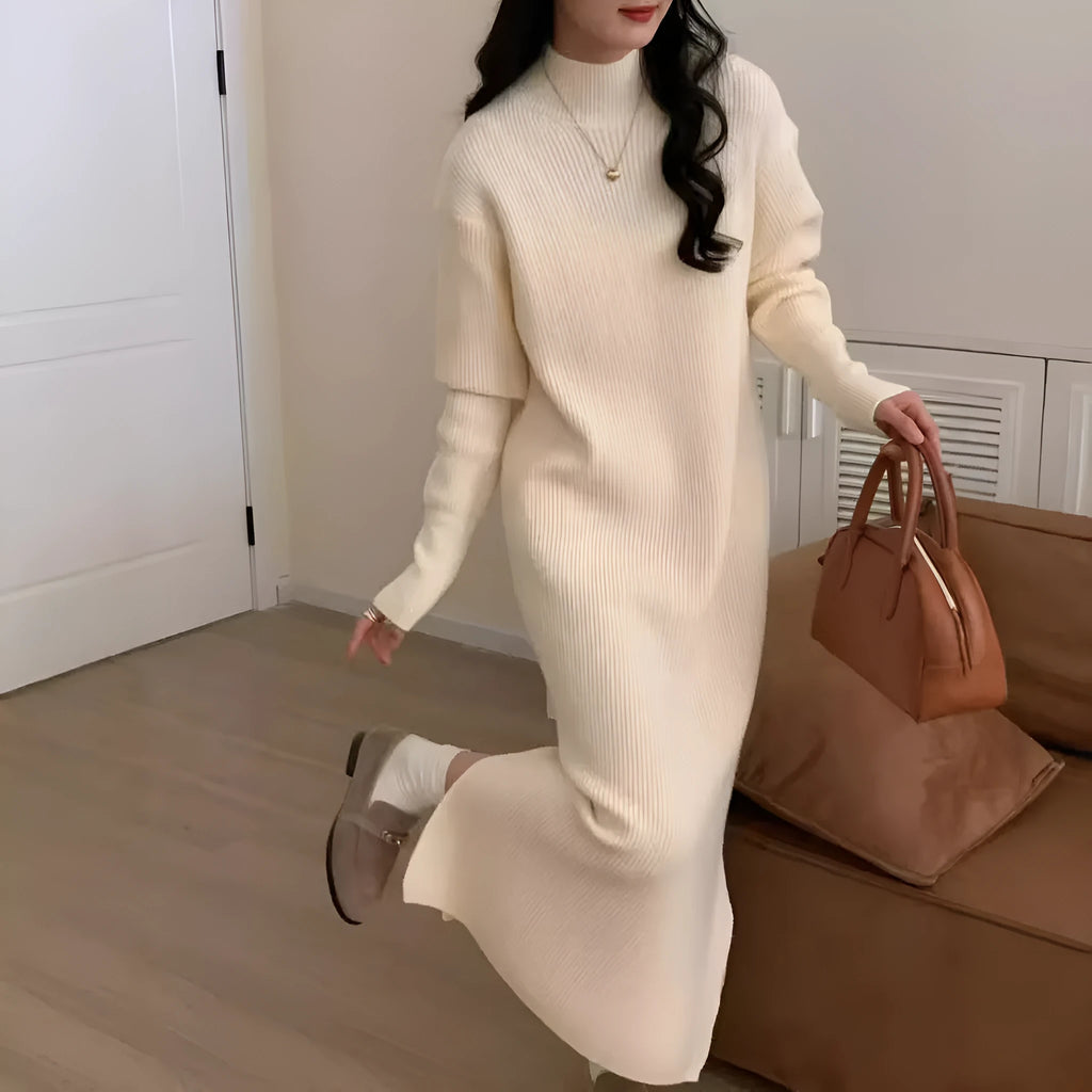 Women's half turtleneck acrylic knit dress in midi length with high waist