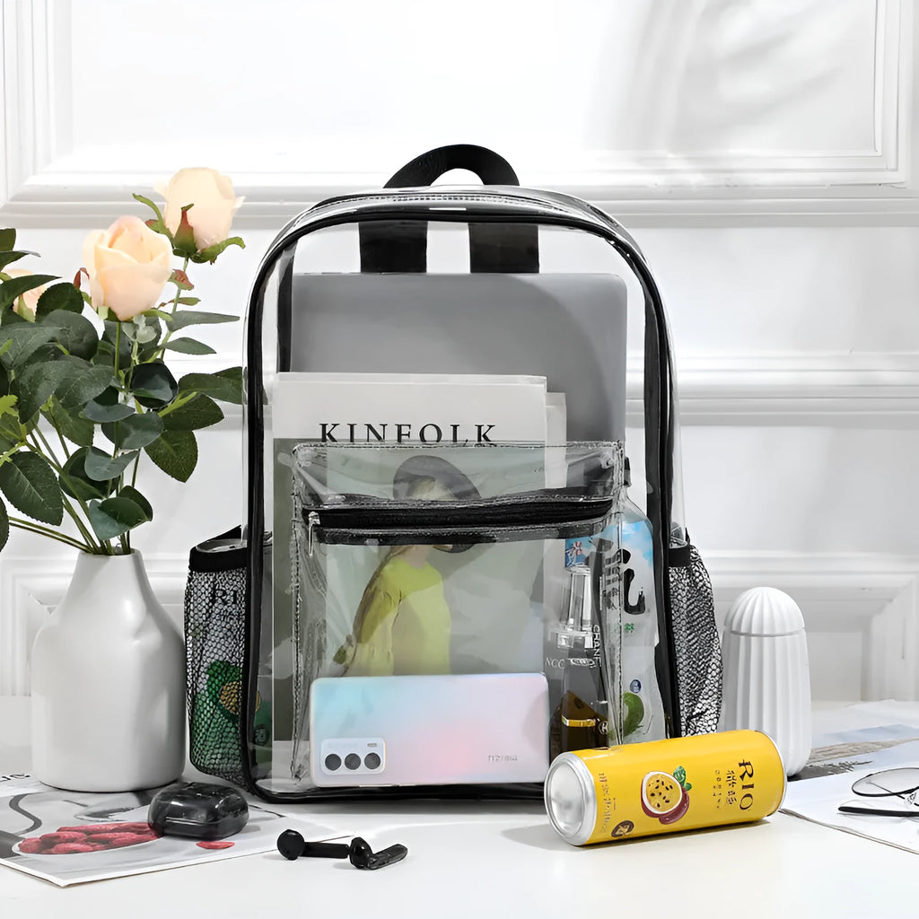 Transparent PVC large capacity outdoor travel backpack in black colour with clear view of contents, shown on a plain background