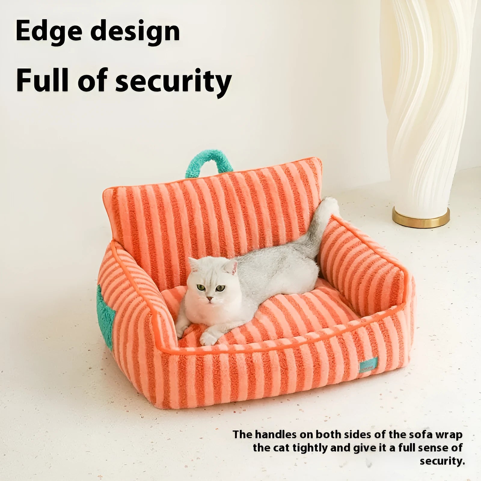 Striped soft velvet pet bed with removable cover in orange, purple or yellow for small dogs