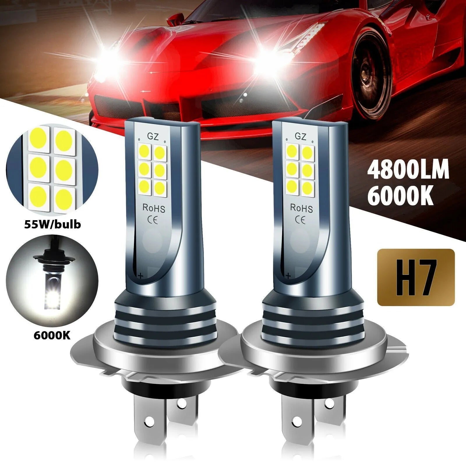 Universal LED car fog light bulb with aviation aluminium housing, showing base connectors for H7, 9005, H11 formats.