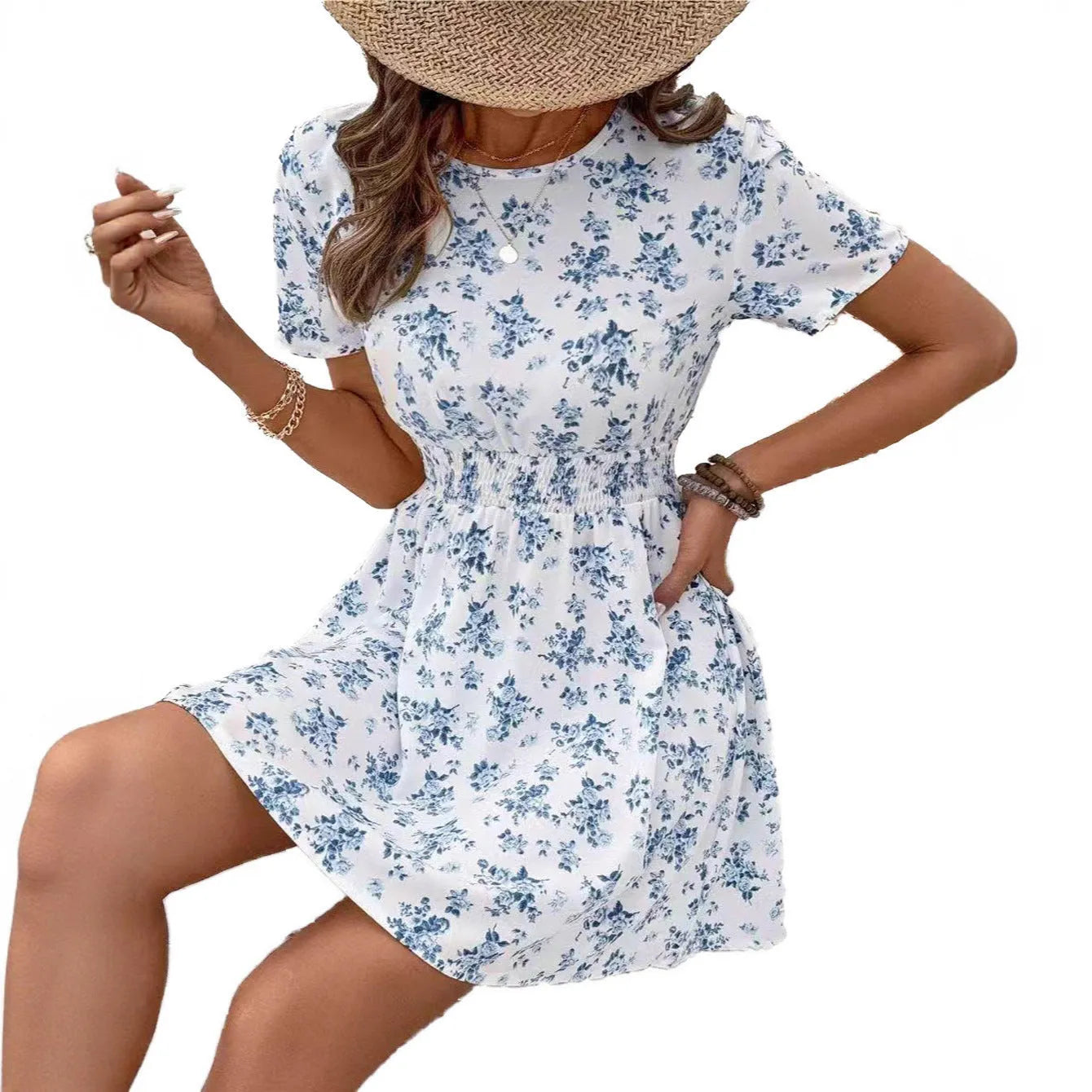 Light blue A-line casual dress with high waist and printing detail on a hanger.