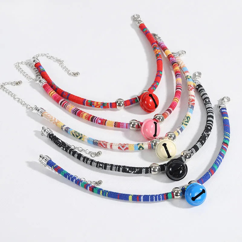 Adjustable ethnic style pet collar with bell necklace pattern in multiple colour options
