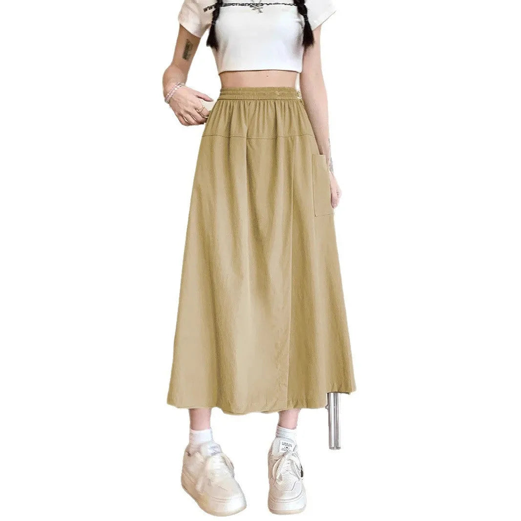 Camel women's casual loose fit a-line skirt with elastic waist on model