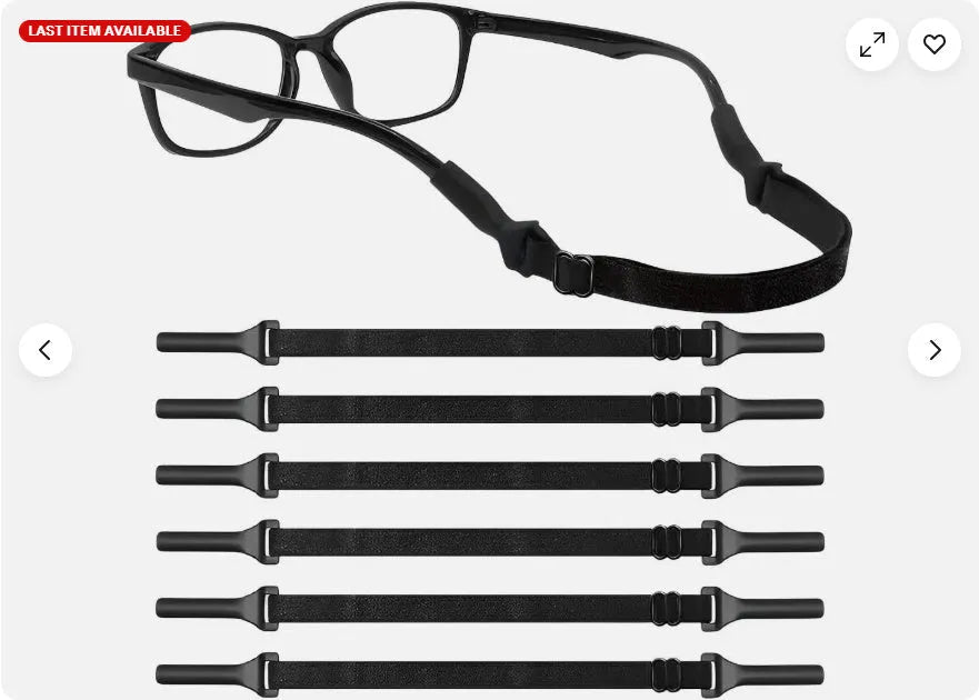 Black adjustable glasses cord with silicone end pieces shown on a pair of spectacles.