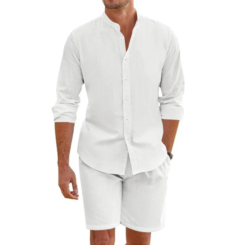 Men's linen-blend summer shirt and shorts set in dark grey with button-down top and drawstring waist shorts